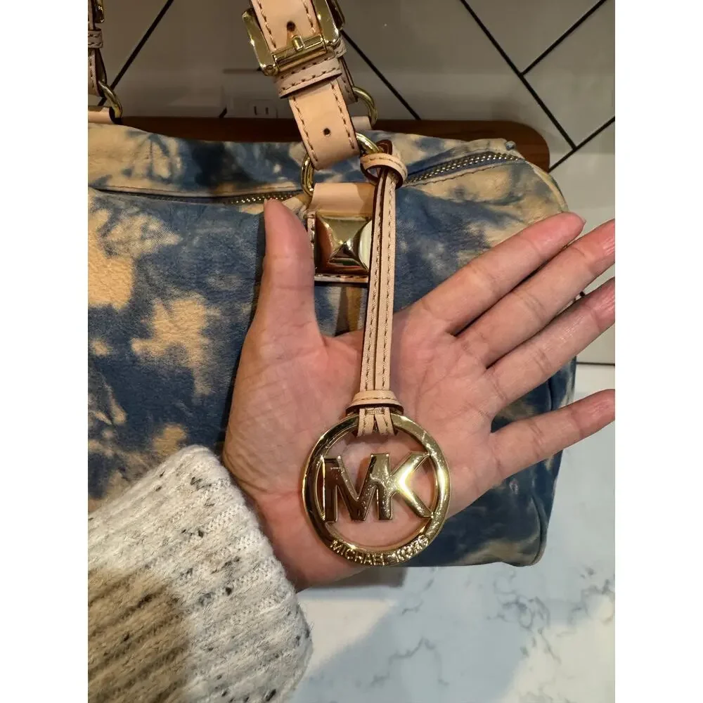 Michael Kors blue beige tie-dye Grayson satchel tan leather trim gold hardware